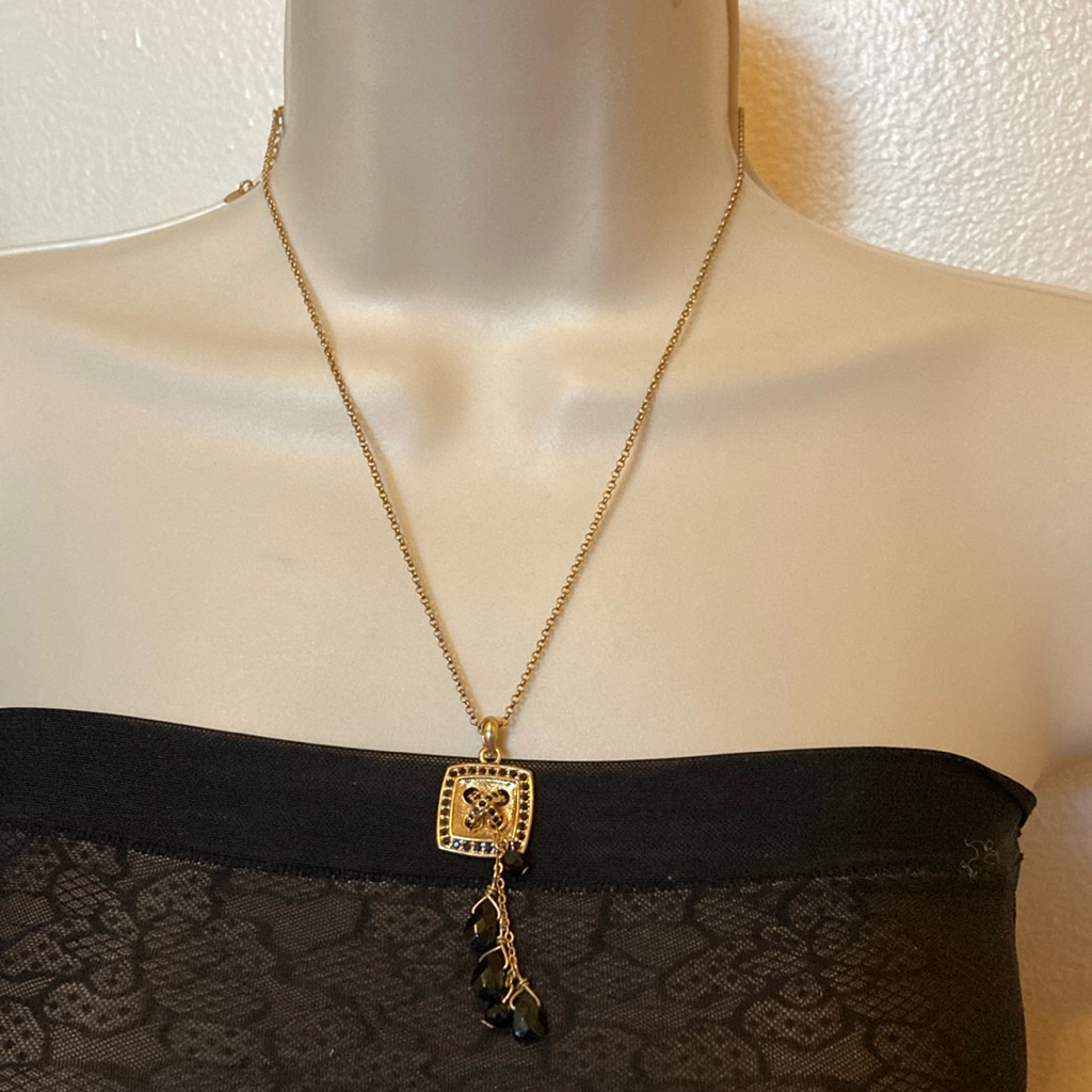 Neoglory Graduation Cap Pendant Gold Tone Statement Necklace Black Stone Accents